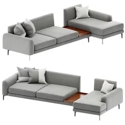 "Gray fabric Long Island sofa in Scandinavian style, rendered in Blender 3D. Symmetrical full-body view with floating pieces and plush cushions, accompanied by a table underneath. Minimal modern design ideal for interior design projects."