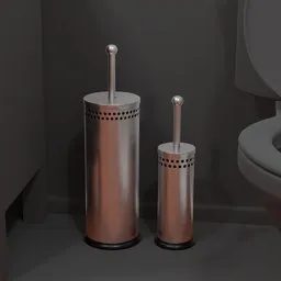 Stylish brushed steel bathroom accessories 3D model, depicting discreet toilet plunger and brush holder for Blender render.