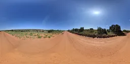 360-degree HDR panorama of a vibrant dirt road with lush greenery under a clear blue sky for realistic lighting in 3D scenes.