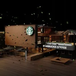 Realistic 3D model of a coffee shop at night with illuminated signage and floating leaves.