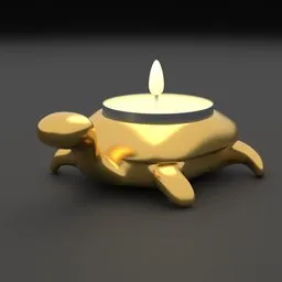 3D rendered metallic turtle with a candle, Blender 3D model, detailed texturing, realistic lighting.