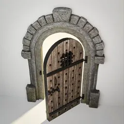 Low-poly Blender 3D model of a medieval, arched wooden door with iron fittings and textured stone frame, ideal for historical scenes.