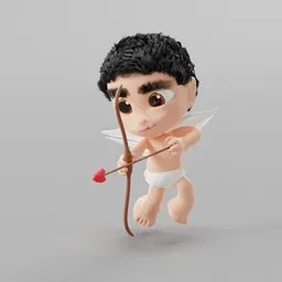 "Explore with Cupid: a cute, rigged 3D model for Blender 3D with clean topology, low polygon count, and easy-to-animate design. Perfect for child category projects, love-themed artwork, or even comme des garcon campaigns. Get ready to shoot straight to the heart of your next project with Cupid the explorer."