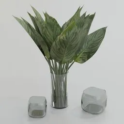 "Enhance your Blender 3D projects with the stunning 'Leaves in Glass Vase' 3D model. Featuring photorealistic leaves, foliage, and stems, this high-quality model is perfect for creating nature-inspired indoor scenes. Get the best out of your renders with this beautifully designed plant."