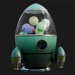 Detailed 3D Blender model of a retro-style rocket with PBR materials and customizable glass dome interior.