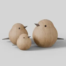 Detailed 3D wooden sparrows, Blender model showcasing textures and lighting.