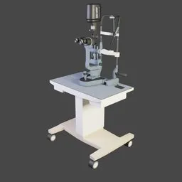"Ophthalmic Slit-LED BM900: High Power LED model for Blender 3D. Close up of surgical gear and microscope on a table with a camera. Symmetrical design and white concrete floor."
