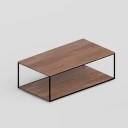 Realistic 3D model of a modern coffee table with walnut finish and sleek black frame, designed in Blender.