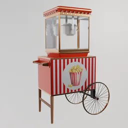 Detailed Blender 3D model of a vintage popcorn cart with wheels, ideal for sports scene enhancement.