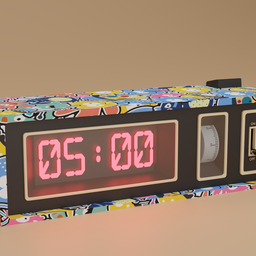 "Digital alarm clock design with colorful pop art patterns, inspired by Banksy and Utagawa Yoshitaki. Textured in Blender 3D software for a photorealistic look. Perfect for gaming or vintage themed projects."