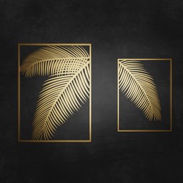 "Gold Decoration Set: Two gold framed pictures of palm leaves, featuring cinematic CG Society design and symbolic elements. Ideal for Blender 3D projects and interior home art. Enhance your visual creations with this post-punk album cover inspired wall decor."