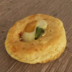 "Optimized 3D model of a spicy Chilli bun, scanned for clarity and rendered in Unreal Engine. Features a cheese-filled pastry topped with a fresh green leaf, perfect for food renders in Blender 3D."