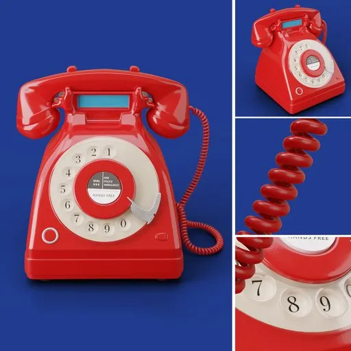 Detailed 3D render of a vintage red rotary telephone, high-quality Blender model, suitable for close-up visuals.