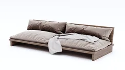 Detailed 3D model of a plush beige sofa with pillows and throw, designed for Blender rendering.