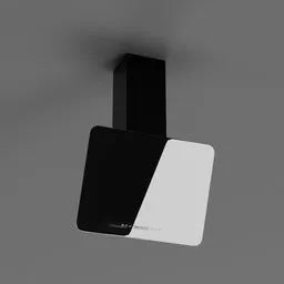 "Black and white 3D model of a Kitchen Range Hood with touch control, display, and rear lighting. Designed using Blender 3D software and categorized as a Kitchen Appliance in BlenderKit. Top and side view of a sleek, modern design inspired by Frederick Hammersley."