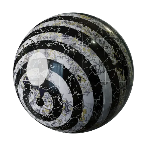 Luxurious PBR spiral pattern marble tile material for 3D rendering in Blender, showcasing a unique, natural color variation and sophisticated design.