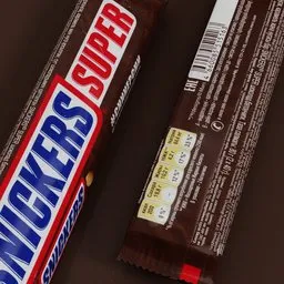 "Get a hyper-detailed 3D model of a SNICKERS chocolate bar with scanned label for Blender 3D. Perfect for sweet dessert designs with clean and crisp Arnold rendering."
