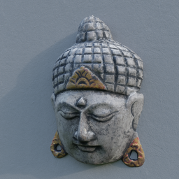 "Photorealistic Buddha Wall Decoration 3D Model for Blender 3D: Sculpture with Hindu Ornaments and Restored Realistic Face, Rendered with Path Tracing in Solid Concrete by Niels Lergaard."