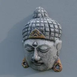 "Photorealistic Buddha Wall Decoration 3D Model for Blender 3D: Sculpture with Hindu Ornaments and Restored Realistic Face, Rendered with Path Tracing in Solid Concrete by Niels Lergaard."