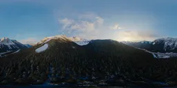 Sunset-lit snowy peaks and forest HDR for 3D scene illumination