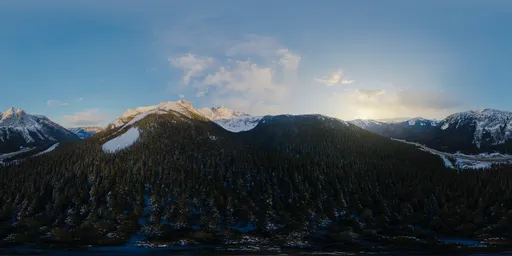 Sunset-lit snowy peaks and forest HDR for 3D scene illumination