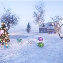 Neon Sign Winter Cabin Scene