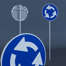 Detailed 3D model of roundabout traffic sign with reflective texture, ideal for Blender rendering projects.