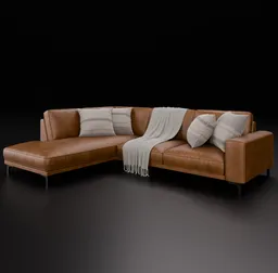 High-quality 3D Blender model showcasing a modern leather corner sofa with cushions and a throw blanket.