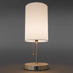 Modern 3D model of a table lamp with cylindrical shade, wood base, pull chain, and USB ports for Blender 3D.