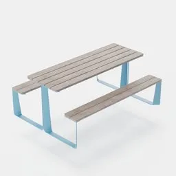 3D picnic bench model with steel frame and wooden planks, realistic texture, suitable for Blender outdoor scenes.