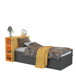 Detailed 3D model of a teenager's bed with colorful bedding, side table, lamp, and plush toy for Blender renderings.