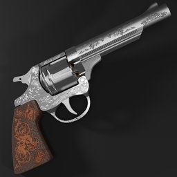 "Vintage metallic revolver with intricate tracery design and wooden handle, rendered with Daz3d Genesis Iray shaders in Blender 3D. Silver and blue color schemes and modeled in Poser, with a three quarter view and detailed shading. Perfect for historical and military 3D projects."