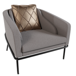"Angelo Lounge Armchair: A stunning gunmetal grey 3D render with elegant features and gold pillow, perfect for your furniture scene in Blender 3D."