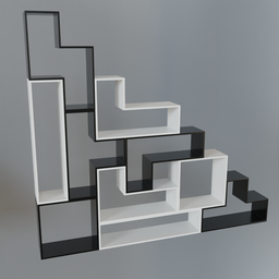 "Minimalist black and white Tetris-inspired shelving unit, created in Blender 3D. Stacked shelves reminiscent of Theo van Doesburg and MC Escher illustrations, with high detail product photo and screen playing Tetris. Solidworks, Caravaggio, minimalissimo, intarsia, and negative and positive shapes incorporated for a unique and modern design."
