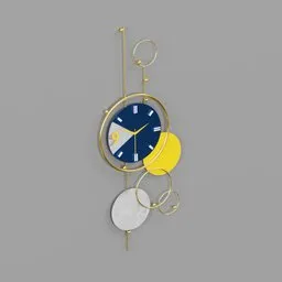 "Decorative luxury wall clock 02 3D model for Blender 3D. Luxury wall mounted clock featuring a yellow and blue face with a circular white full moon. Minimalistic metal art inspired by Kandinsky's style and modeled in Poser for a realistic 3D render."