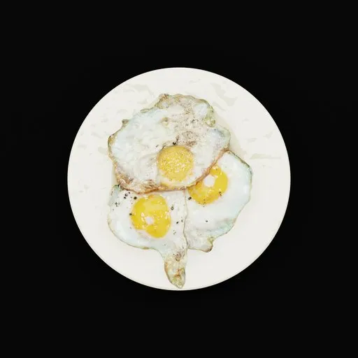 Realistic 3D-rendered sunny-side-up eggs on plate for Blender, with detailed textures and culinary presentation.
