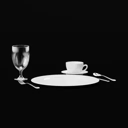 Detailed 3D rendering of a dining set with plate, fork, knife, spoon, cup, and glass for Blender modeling.