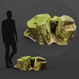 "Photoscanned Mossy Tree Stump 3D Model for Blender 3D – Environment Element. High resolution product photo showcasing a detailed moss covered tree stump, perfect for nature scene creation and visualization."