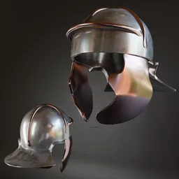 Realistic ancient helmet 3D model with metal textures, detailed anatomy proportioned, suitable for Blender with modifiers.