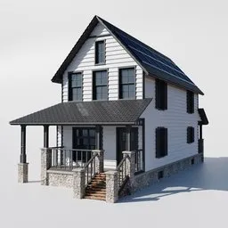 Detailed 3D model of a classic white exterior house with porch and solar panels, optimized for Blender rendering.