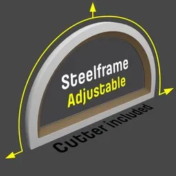 3D-rendered semi-circular steel window model with radius cutter for Blender visualization.