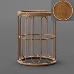 "Rattan weaved wooden coffee table 3D model for Blender 3D - perfect for interior and exterior use. Realistic rendering, featuring a golden curved design and rhodium wires, and a beautifully weaved rattan table top."