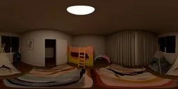 Spacious children's bedroom HDR with bunk bed, colorful rugs, teepees, and toys for scene lighting.