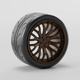"A detailed 3D model of a spoke wheel with a chrome rim, designed in Blender 3D. This high-quality vehicle part features a close-up view of a tire on a white surface, showcasing wireframe models and a fascinating mocha swirl color scheme. Perfect for Blender 3D enthusiasts seeking a versatile and visually appealing mesh asset."