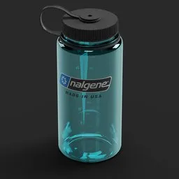 Detailed Blender 3D model of a clear blue Nalgene water bottle with black lid.
