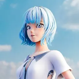 Anime-style 3D model with blue hair, optimized for Blender, with detailed textures and advanced rigging for animation.