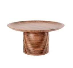 3D model of a round wooden accent table with a textured, cylindrical base for Blender 3D visualization.