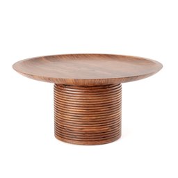 "Large Lutos Accent Table made of walnut with a circular top and textured base, sitting on designer chair. Featured on Amiami and top-rated on the store website. Realistic 3/4 view with spiraling design and cords."