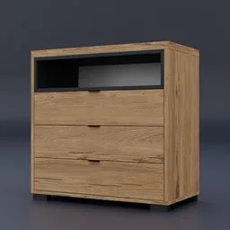 Modern 3D rendered Blender commode with open storage part, showcasing a wooden texture and low legs design.