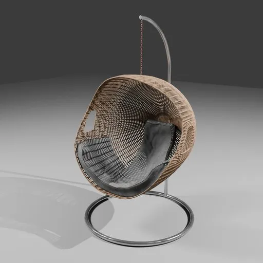 Realistic Blender 3D model of a hanging basket chair with textured pillows and metallic stand.